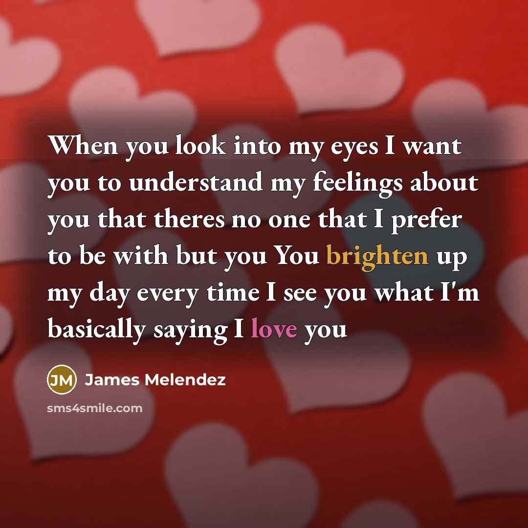 “When you look into my eyes I want you to understand my feelings about you that theres no one that I prefer to be with but you You brighten up my day every time I see you what I'm basically saying I love you” quote by James Melendez