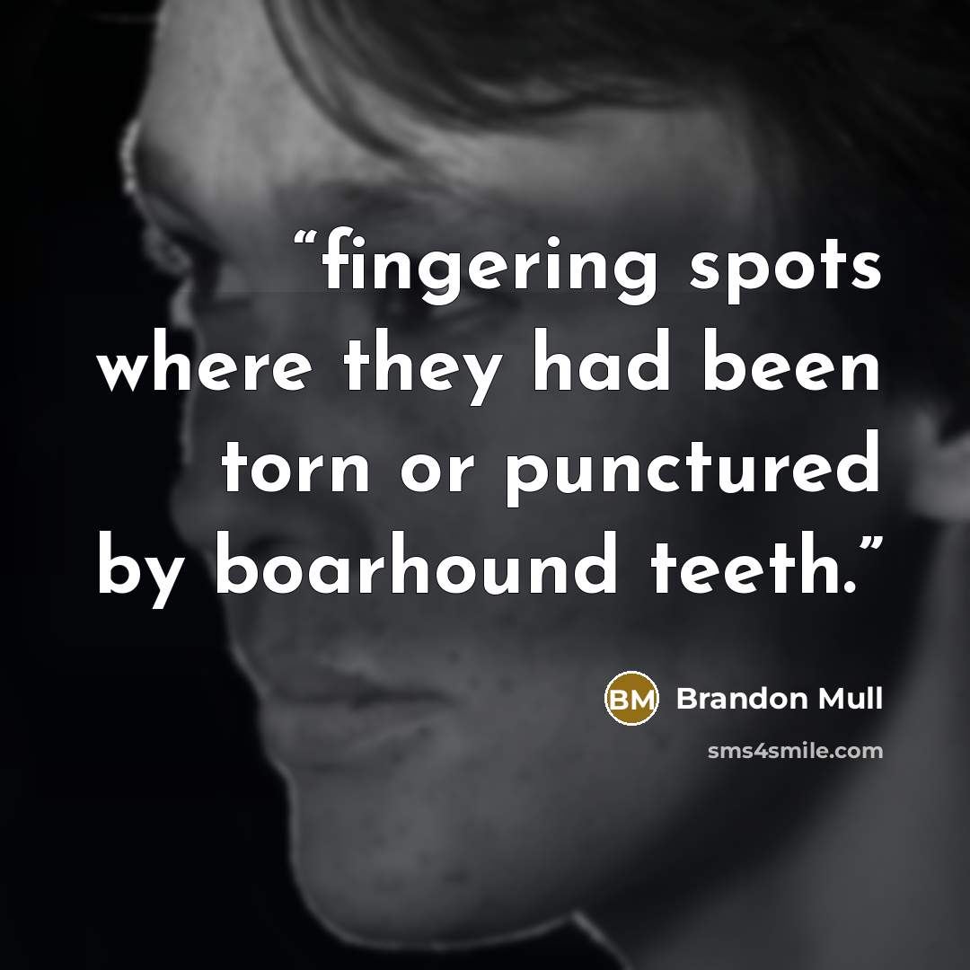 “fingering spots where they had been torn or punctured by boarhound teeth.” quote by Brandon Mull