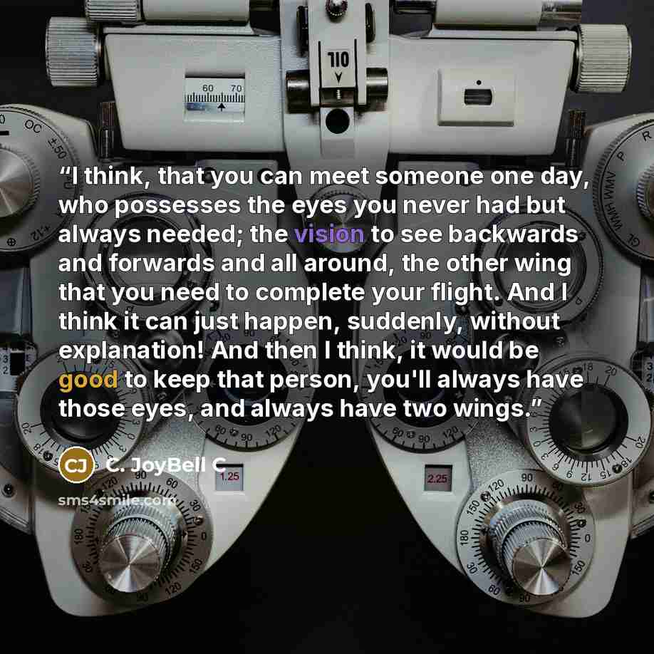 “I think, that you can meet someone one day, who possesses the eyes you never had but always needed; the vision to see backwards and forwards and all around, the other wing that you need to complete your flight. And I think it can just happen, suddenly, without explanation! And then I think, it…” quote by C. JoyBell C