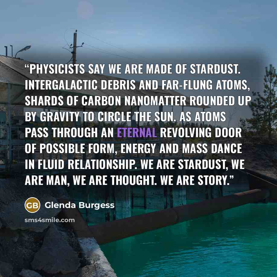 “Physicists say we are made of stardust. Intergalactic debris and far-flung atoms, shards of carbon nanomatter rounded up by gravity to circle the sun. As atoms pass through an eternal revolving door of possible form, energy and mass dance in fluid relationship. We are stardust, we are man, we are…” quote by Glenda Burgess