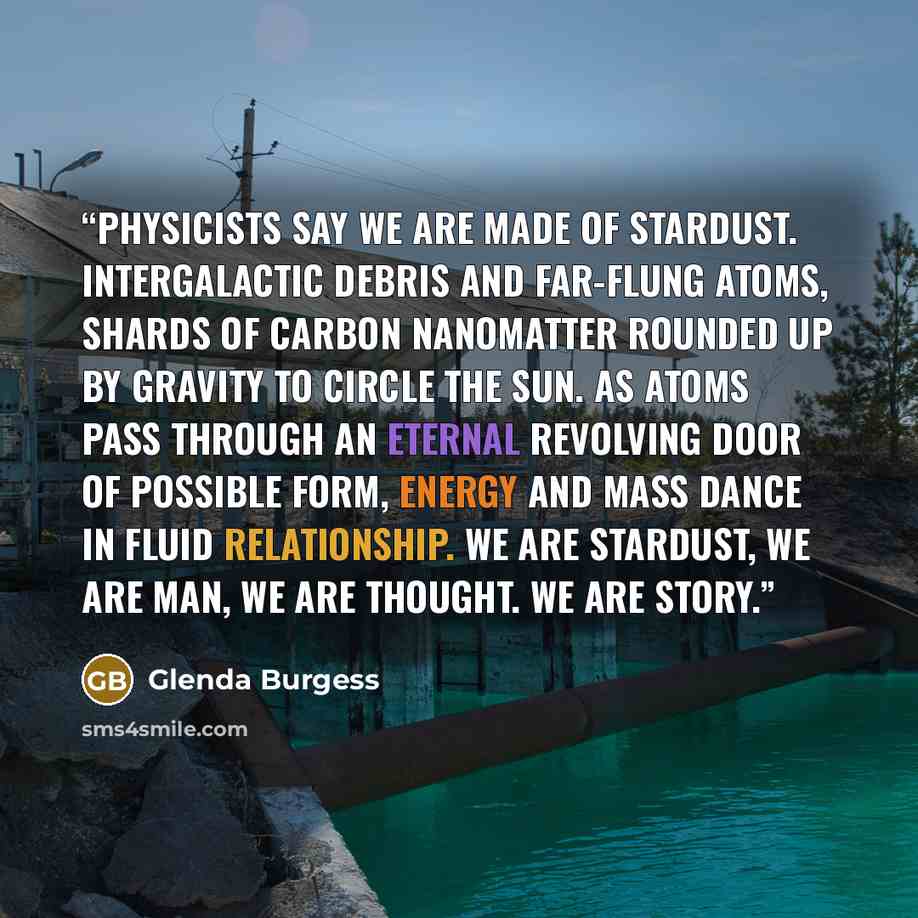 “Physicists say we are made of stardust. Intergalactic debris and far-flung atoms, shards of carbon nanomatter rounded up by gravity to circle the sun. As atoms pass through an eternal revolving door of possible form, energy and mass dance in fluid relationship. We are stardust, we are man, we are…” quote by Glenda Burgess