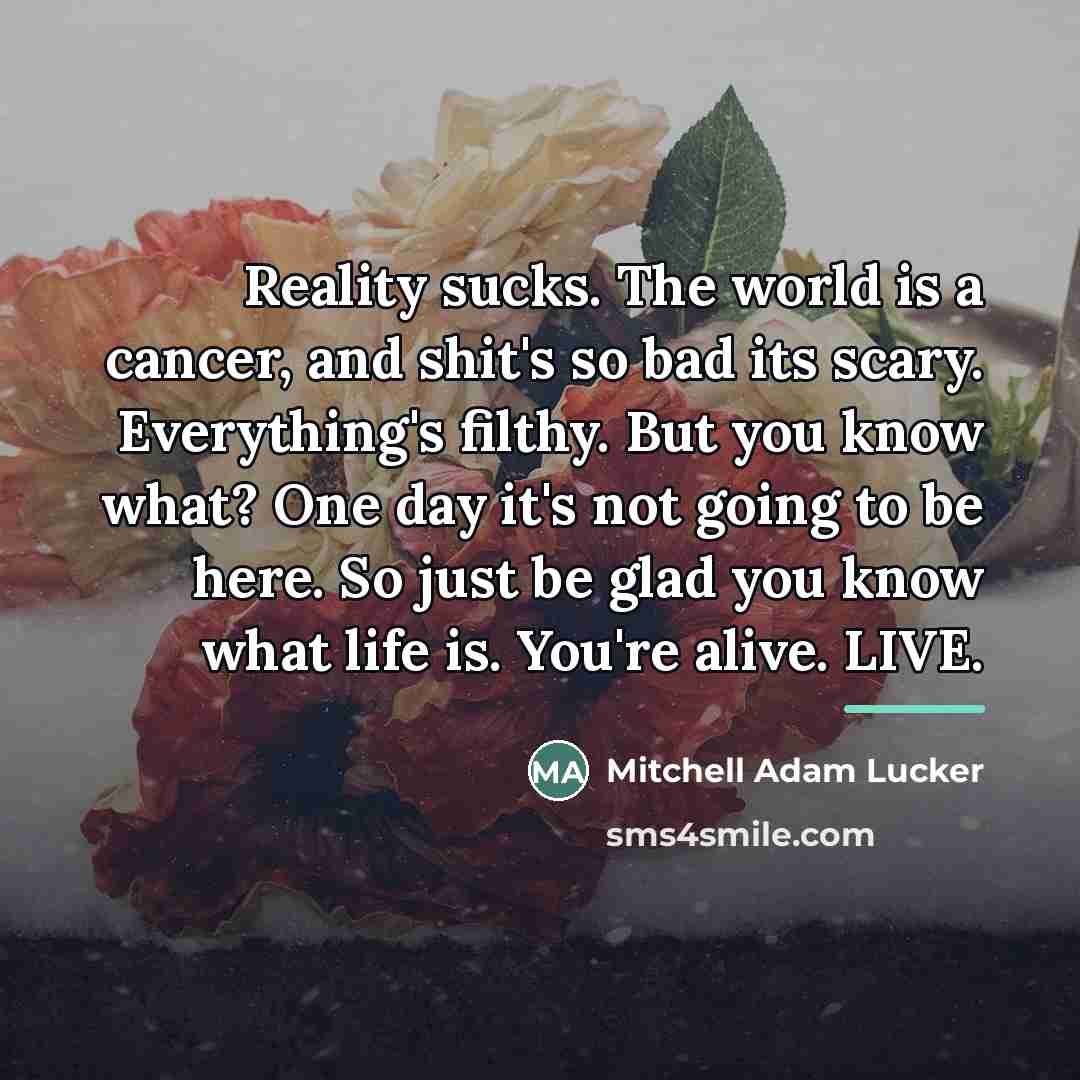 “Reality sucks. The world is a cancer, and shit's so…” quote by Mitchell Adam Lucker