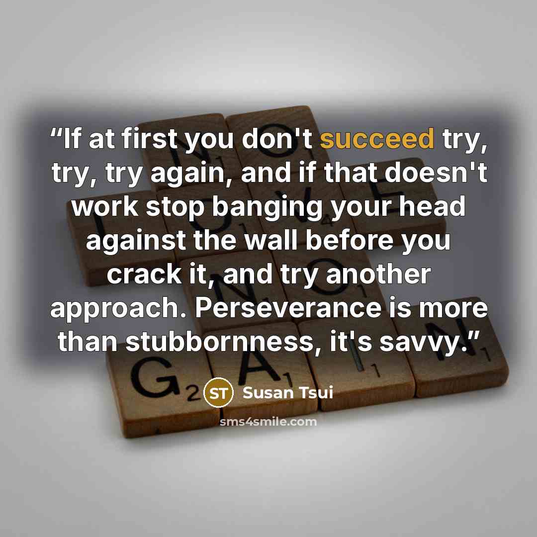 “If at first you don't succeed try, try, try again, and if that doesn't work stop banging your head against the wall before you crack it, and try another approach. Perseverance is more than stubbornness, it's savvy.” quote by Susan Tsui