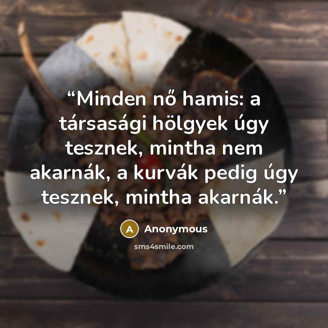 “Minden nő hamis: a társasági hölgyek úgy tesznek, mintha nem akarnák, a kurvák pedig úgy tesznek, mintha akarnák.” quote by Anonymous