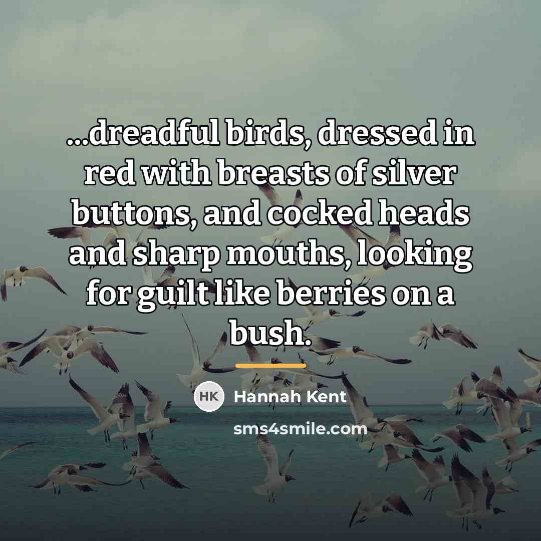 “...dreadful birds, dressed in red with breasts of silver buttons,…” quote by Hannah Kent