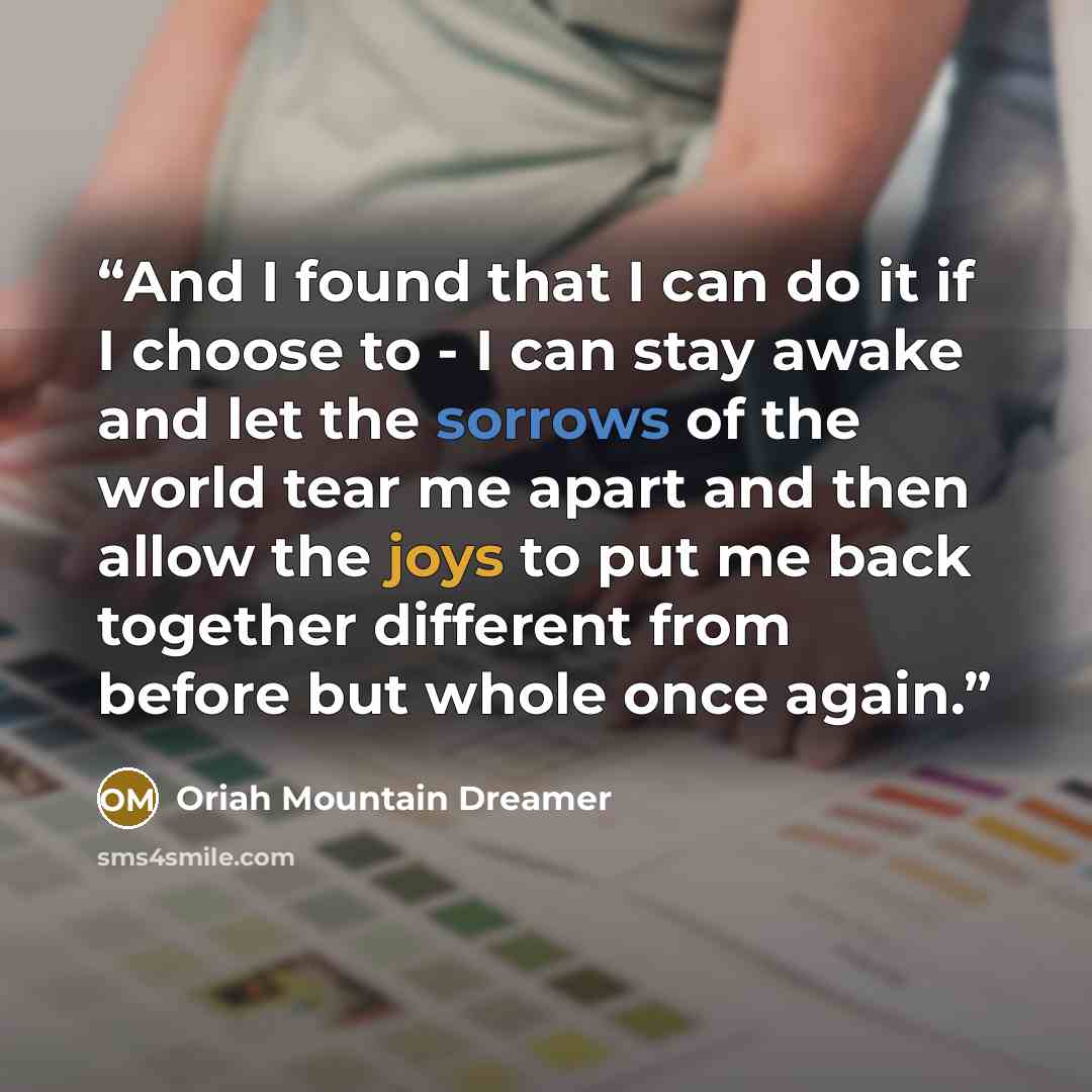 “And I found that I can do it if I choose to - I can stay awake and let the sorrows of the world tear me apart and then allow the joys to put me back together different from before but whole once again.” quote by Oriah Mountain Dreamer