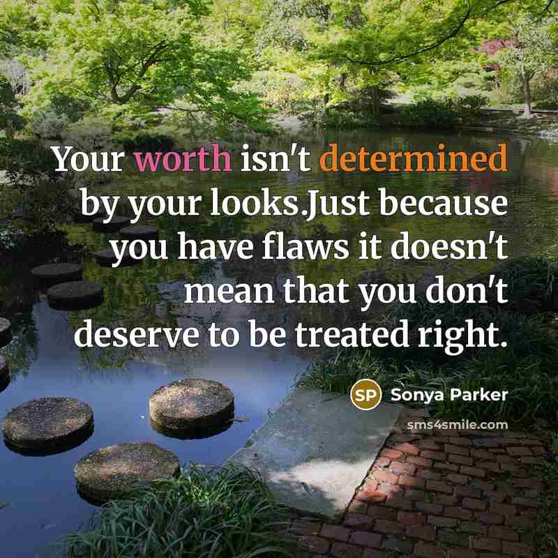“Your worth isn't determined by your looks.Just because you have flaws it doesn't mean that you don't deserve to be treated right.” quote by Sonya Parker
