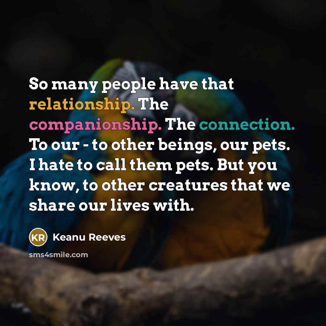 “So many people have that relationship. The companionship. The connection. To our - to other beings, our pets. I hate to call them pets. But you know, to other creatures that we share our lives with.” quote by Keanu Reeves