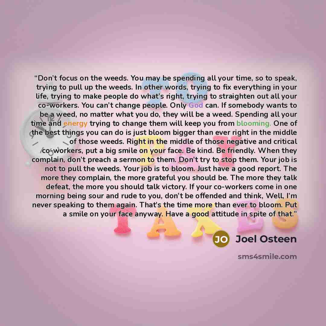 “Don’t focus on the weeds. You may be spending all your time, so to speak, trying to pull up the weeds. In other words, trying to fix everything in your life, trying to make people do what’s right, trying to straighten out all your co-workers. You can’t change people. Only God can. If somebody…” quote by Joel Osteen
