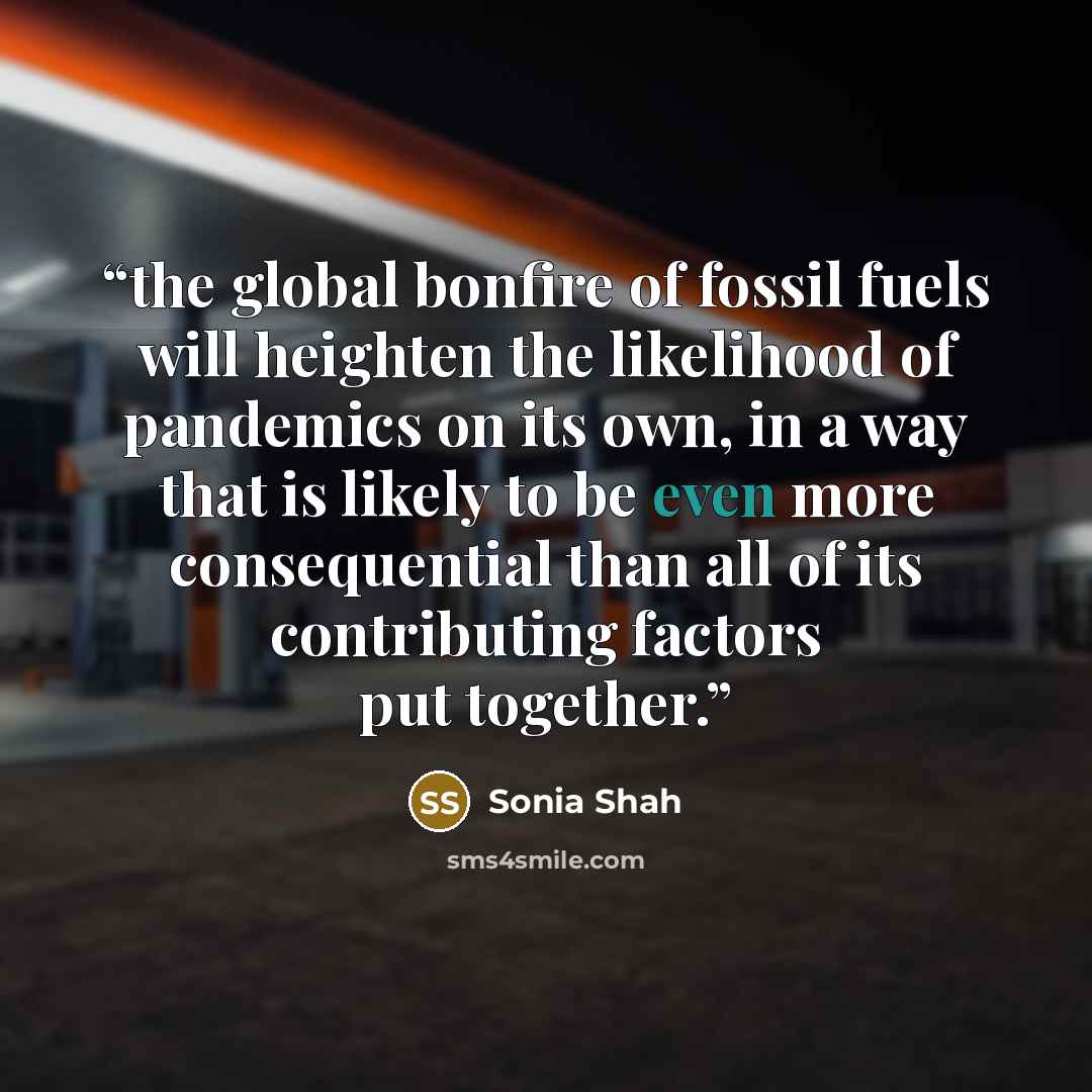 “the global bonfire of fossil fuels will heighten the likelihood of pandemics on its own, in a way that is likely to be even more consequential than all of its contributing factors put together.” quote by Sonia Shah