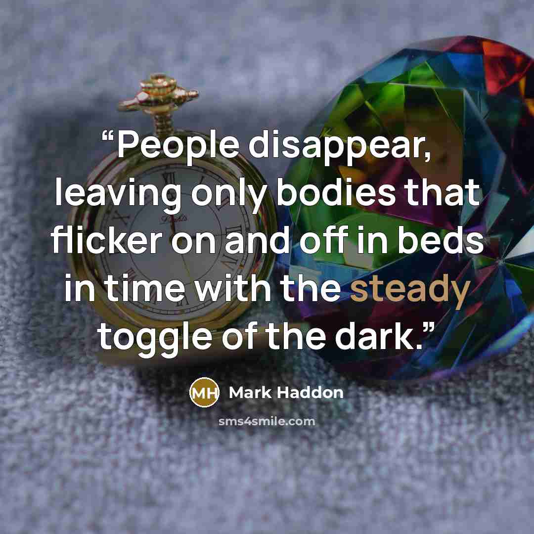 “People disappear, leaving only bodies that flicker on and off in beds in time with the steady toggle of the dark.” quote by Mark Haddon