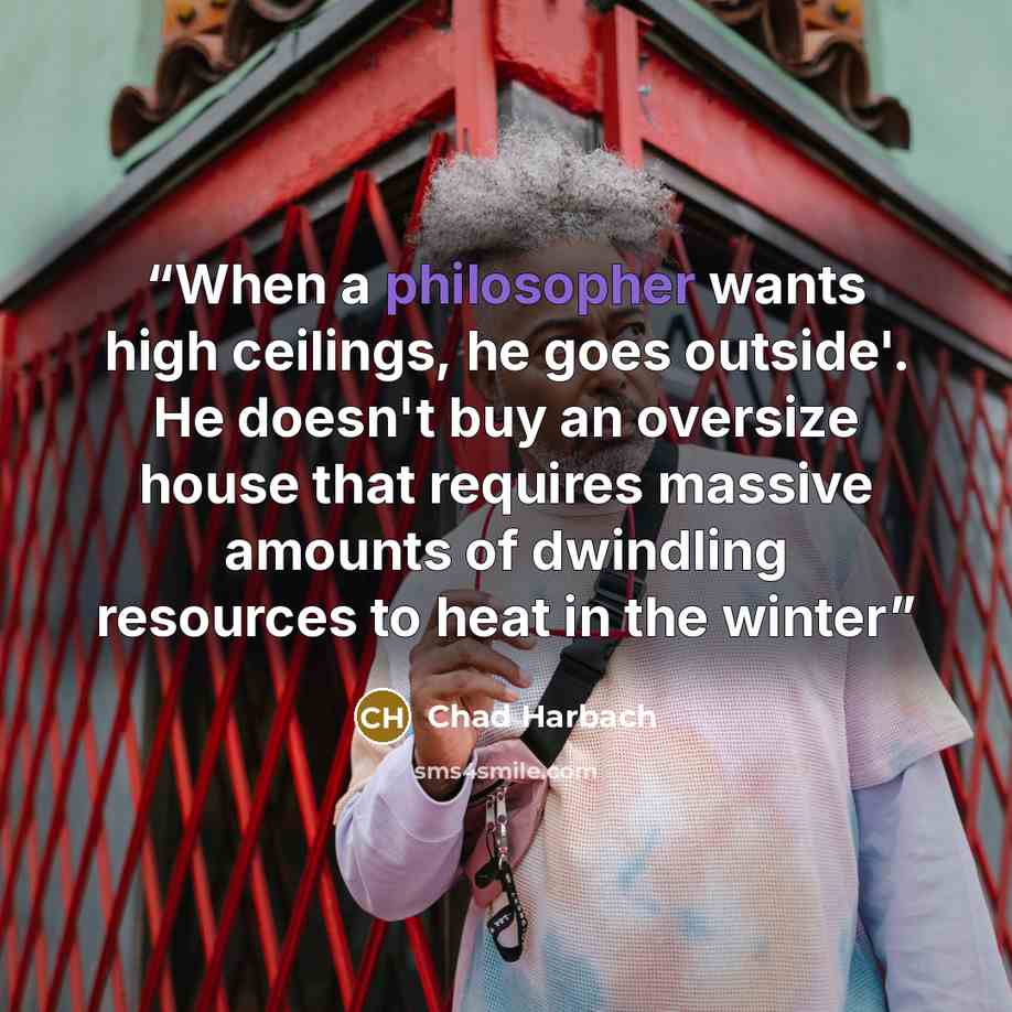 “When a philosopher wants high ceilings, he goes outside'. He doesn't buy an oversize house that requires massive amounts of dwindling resources to heat in the winter” quote by Chad Harbach