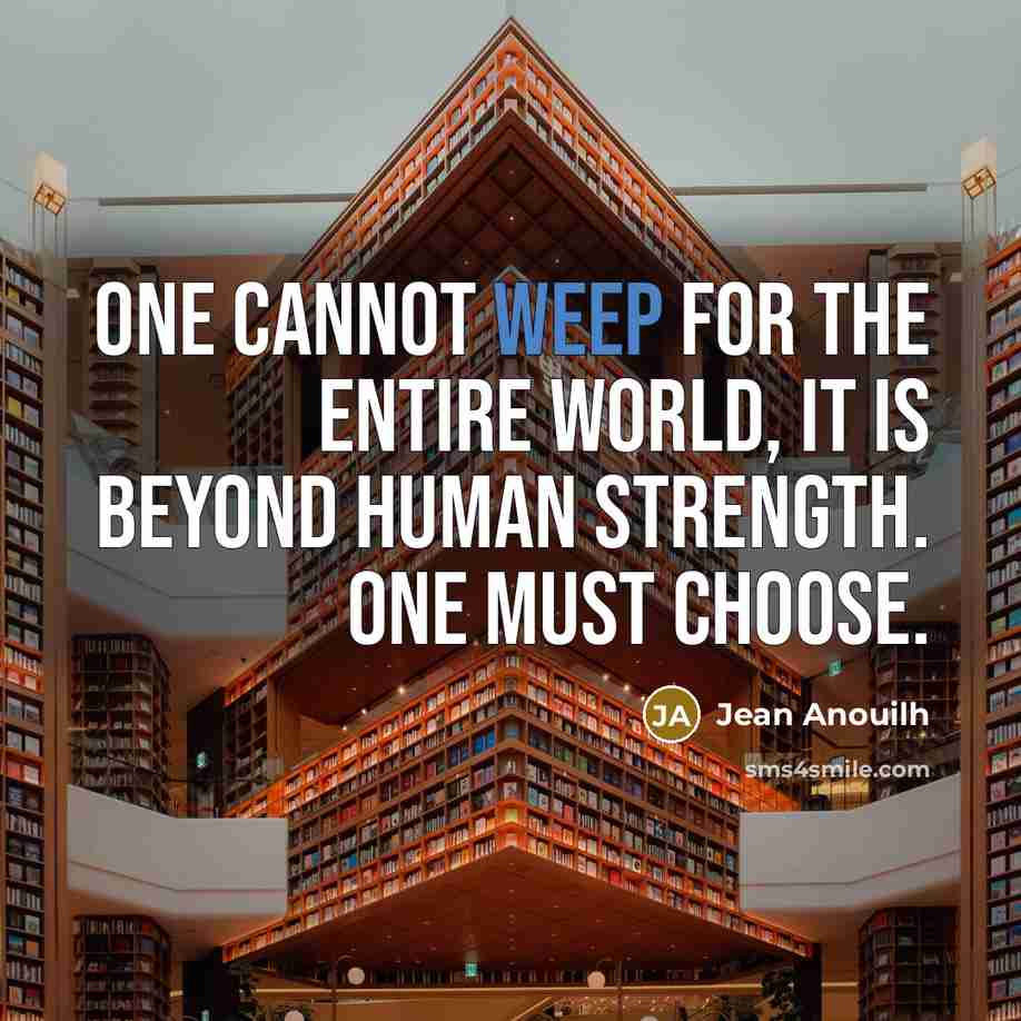 “One cannot weep for the entire world, it is beyond…” quote by Jean Anouilh