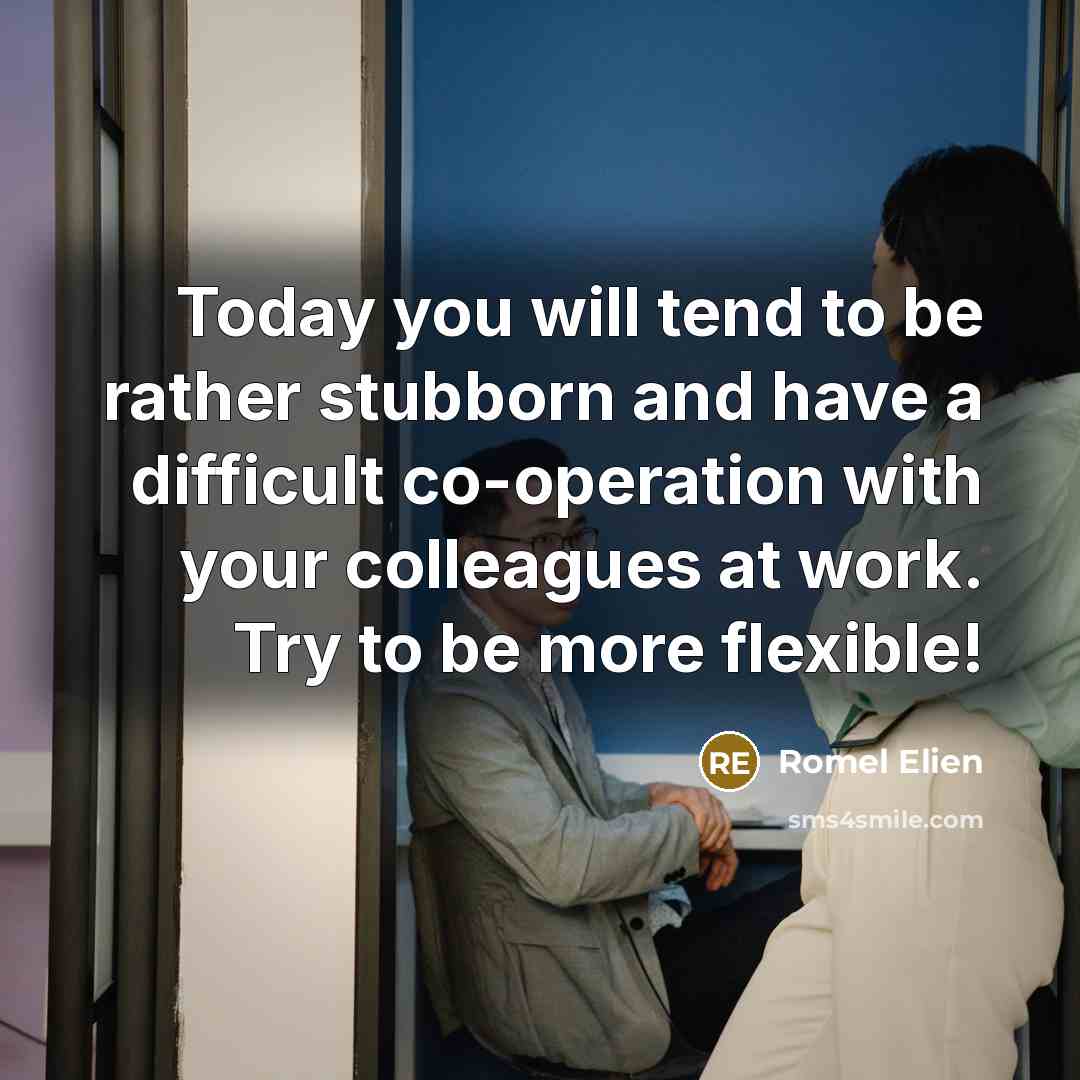 “Today you will tend to be rather stubborn and have a difficult co-operation with your colleagues at work. Try to be more flexible!” quote by Romel Elien