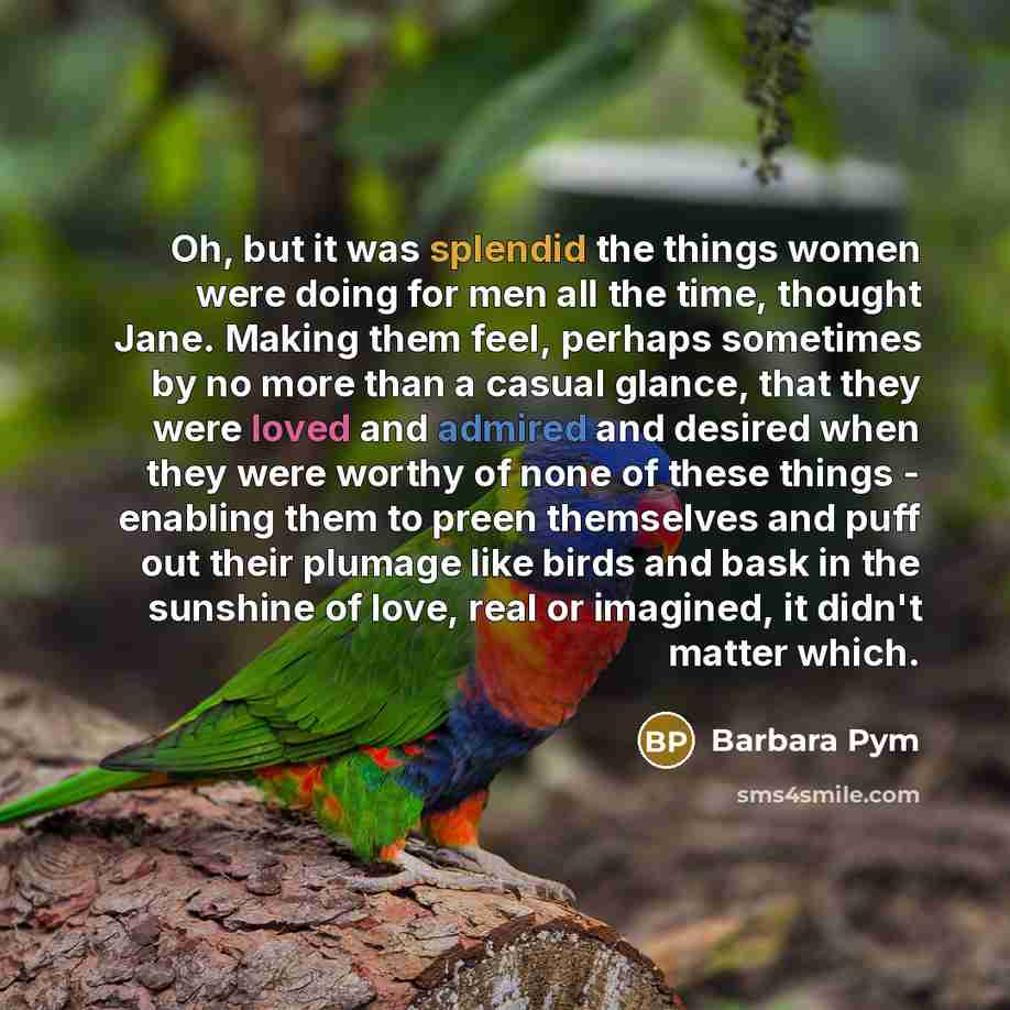 “Oh, but it was splendid the things women were doing for men all the time, thought Jane. Making them feel, perhaps sometimes by no more than a casual glance, that they were loved and admired and desired when they were worthy of none of these things - enabling them to preen themselves and puff out…” quote by Barbara Pym