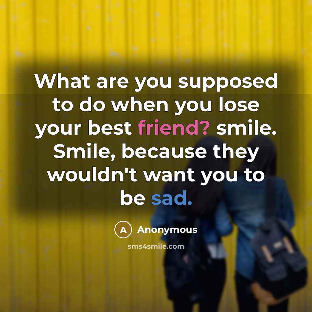 “What are you supposed to do when you lose your best friend? smile. Smile, because they wouldn't want you to be sad.” quote by Anonymous