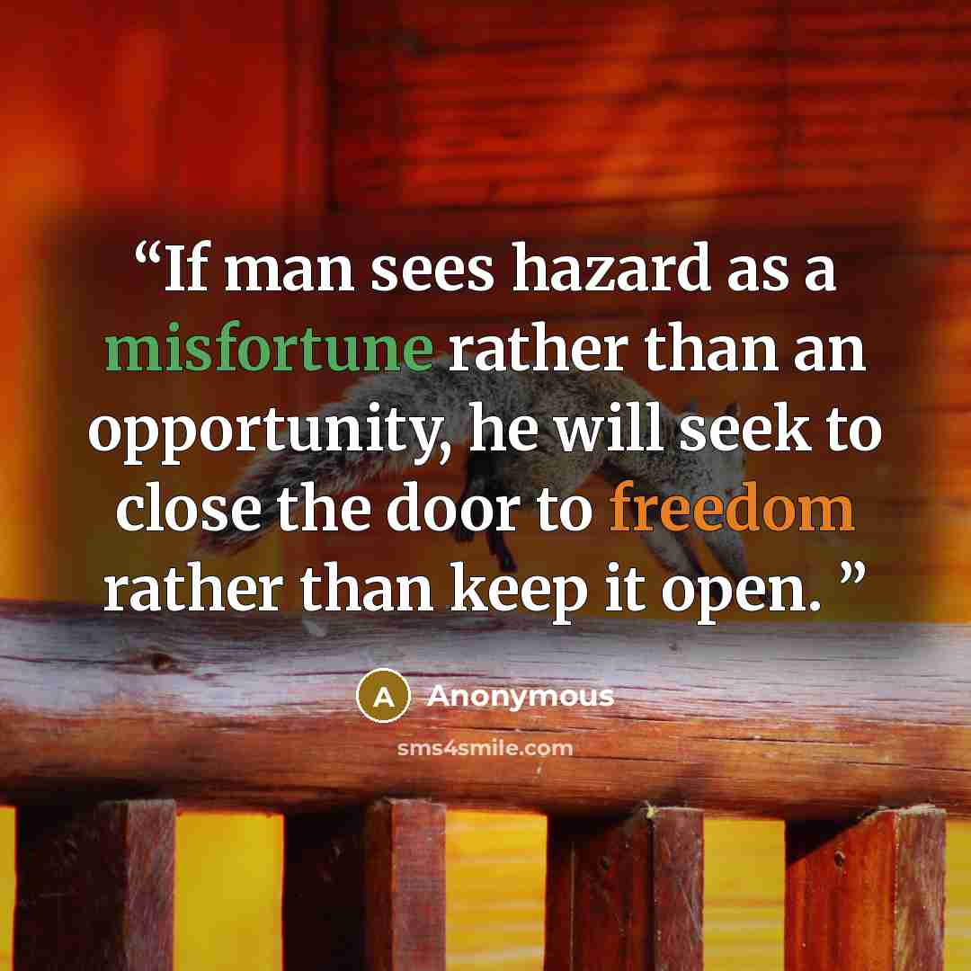 “If man sees hazard as a misfortune rather than an opportunity, he will seek to close the door to freedom rather than keep it open.” quote by Anonymous