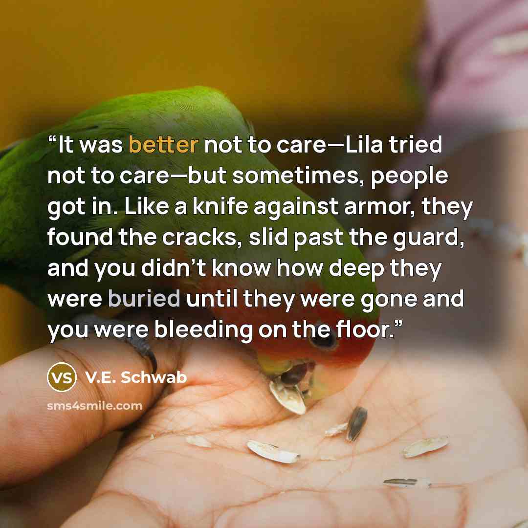 “It was better not to care—Lila tried not to care—but sometimes, people got in. Like a knife against armor, they found the cracks, slid past the guard, and you didn’t know how deep they were buried until they were gone and you were bleeding on the floor.” quote by V.E. Schwab