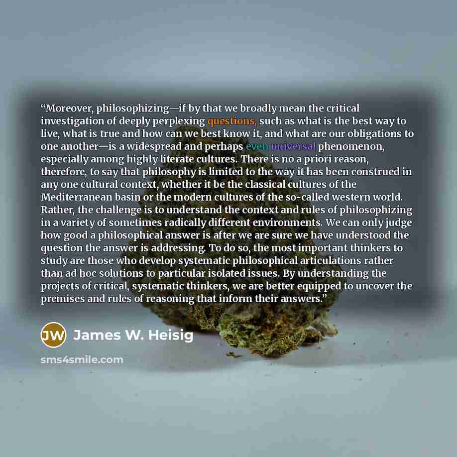 “Moreover, philosophizing—if by that we broadly mean the critical investigation of deeply perplexing questions, such as what is the best way to live, what is true and how can we best know it, and what are our obligations to one another—is a widespread and perhaps even universal phenomenon…” quote by James W. Heisig