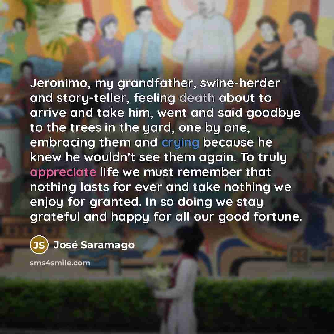 “Jeronimo, my grandfather, swine-herder and story-teller, feeling death about to…” quote by Jose Saramago