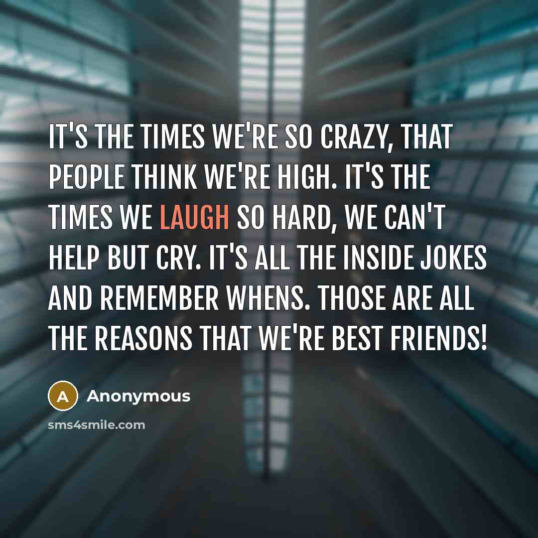 “It's the times we're so crazy, that people think we're high. It's the times we laugh so hard, we can't help but cry. It's all the inside jokes and remember whens. those are all the reasons that we're best friends!” quote by Anonymous