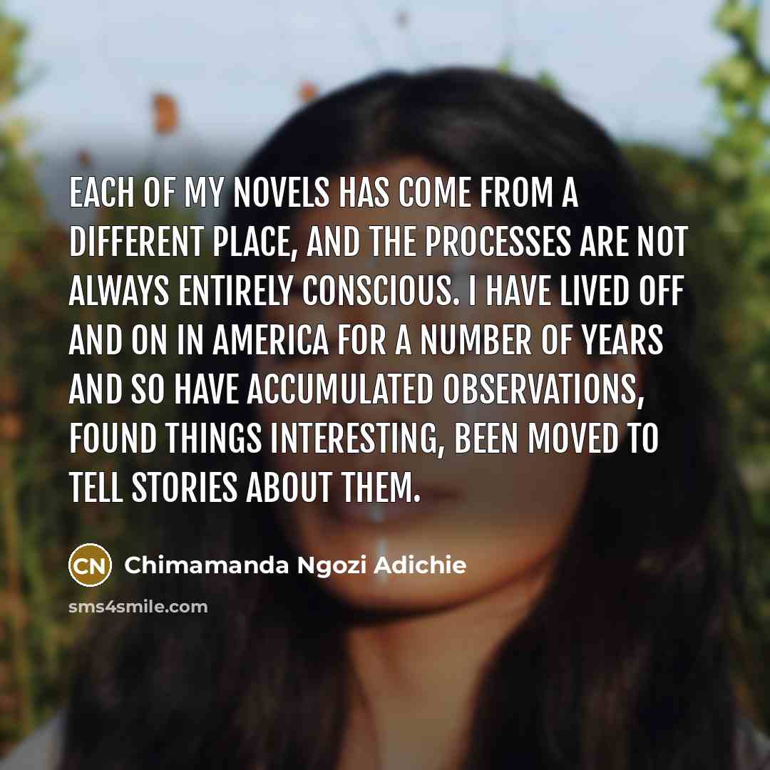 “Each of my novels has come from a different place,…” quote by Chimamanda Ngozi Adichie