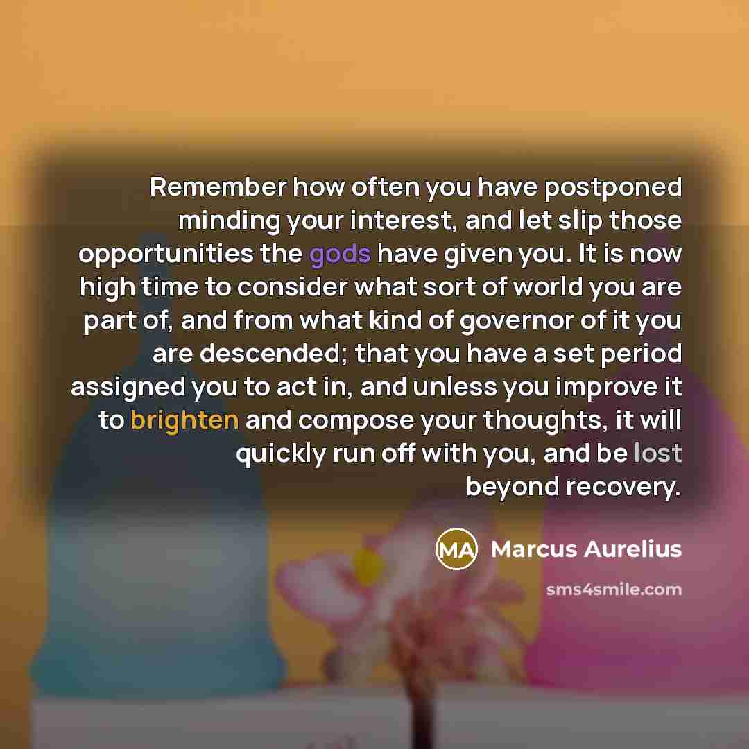 “Remember how often you have postponed minding your interest, and let slip those opportunities the gods have given you. It is now high time to consider what sort of world you are part of, and from what kind of governor of it you are descended; that you have a set period assigned you to act in, and…” quote by Marcus Aurelius