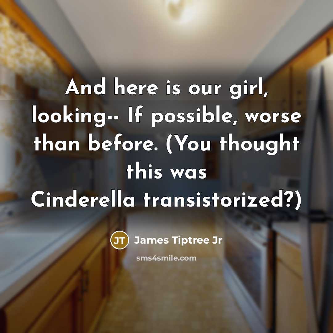 “And here is our girl, looking-- If possible, worse than before. (You thought this was Cinderella transistorized?)” quote by James Tiptree Jr