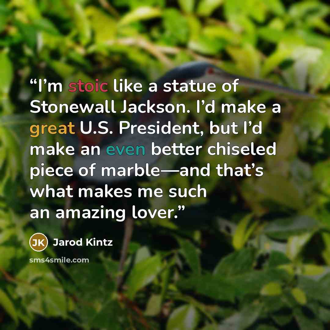“I’m stoic like a statue of Stonewall Jackson. I’d make a great U.S. President, but I’d make an even better chiseled piece of marble—and that’s what makes me such an amazing lover.” quote by Jarod Kintz