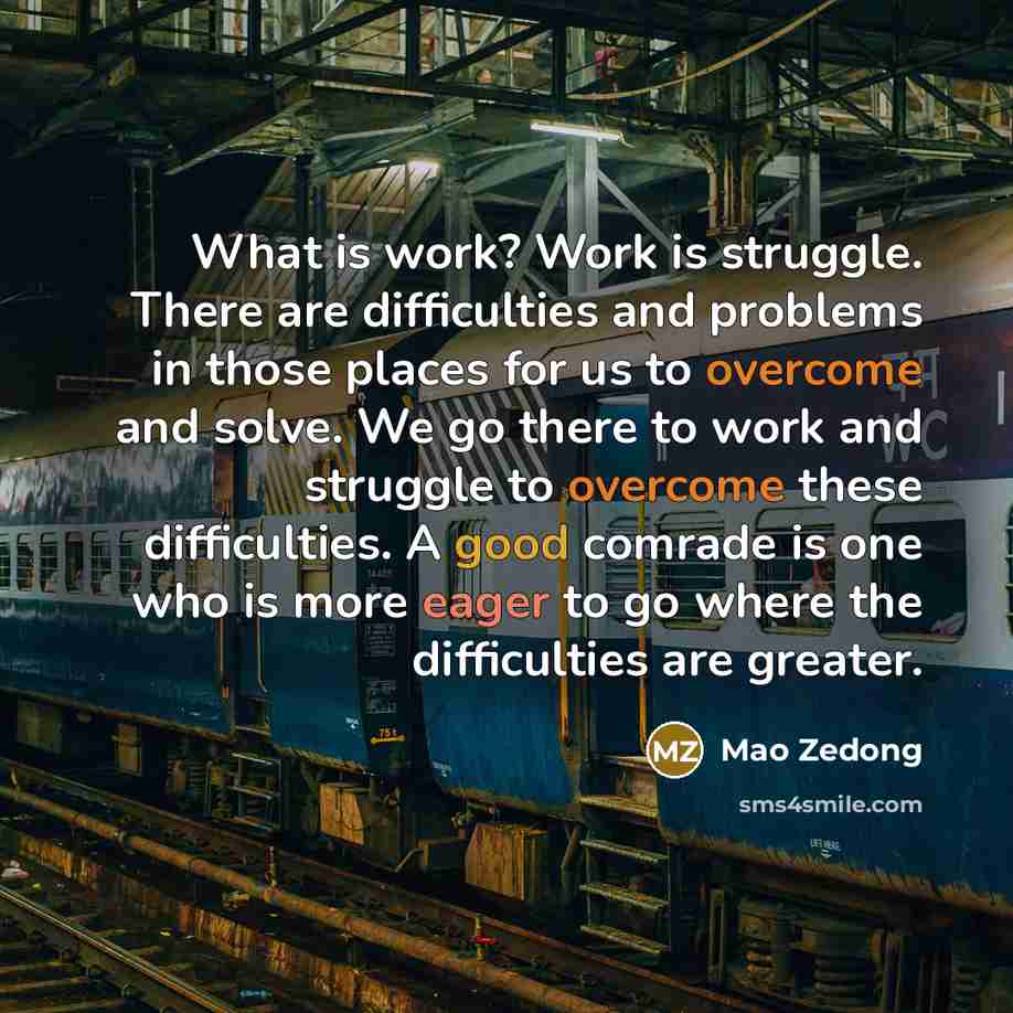 “What is work? Work is struggle. There are difficulties and problems in those places for us to overcome and solve. We go there to work and struggle to overcome these difficulties. A good comrade is one who is more eager to go where the difficulties are greater.” quote by Mao Zedong