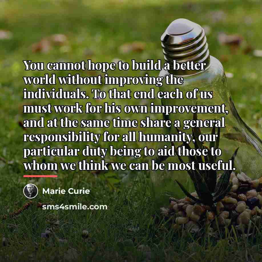 “You cannot hope to build a better world without improving…” quote by Marie Curie
