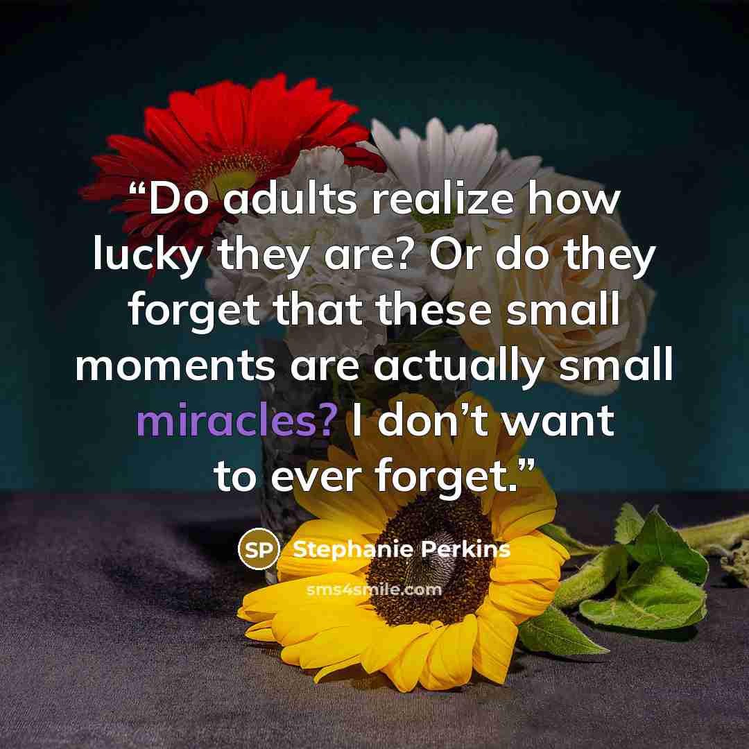 “Do adults realize how lucky they are? Or do they forget that these small moments are actually small miracles? I don’t want to ever forget.” quote by Stephanie Perkins