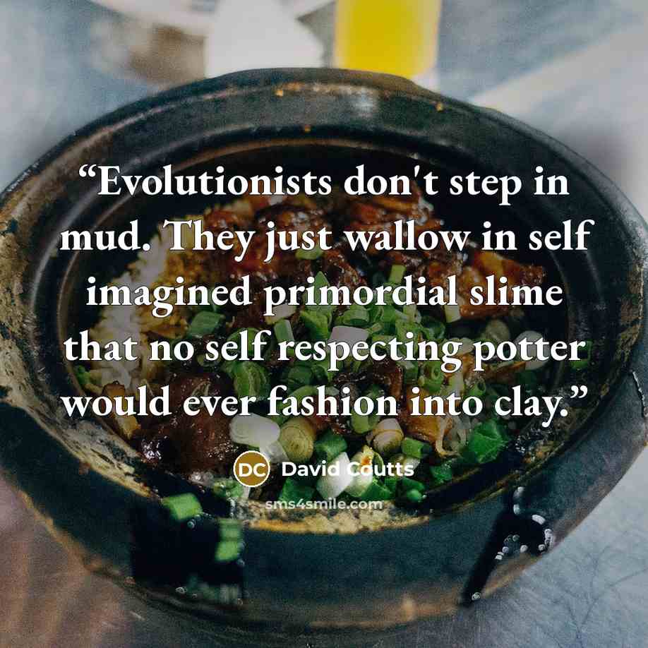 “Evolutionists don't step in mud. They just wallow in self imagined primordial slime that no self respecting potter would ever fashion into clay.” quote by David Coutts