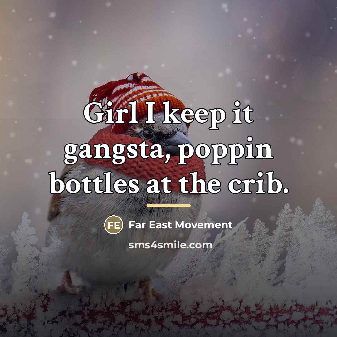 “Girl I keep it gangsta, poppin bottles at the crib.…” quote by Far East Movement
