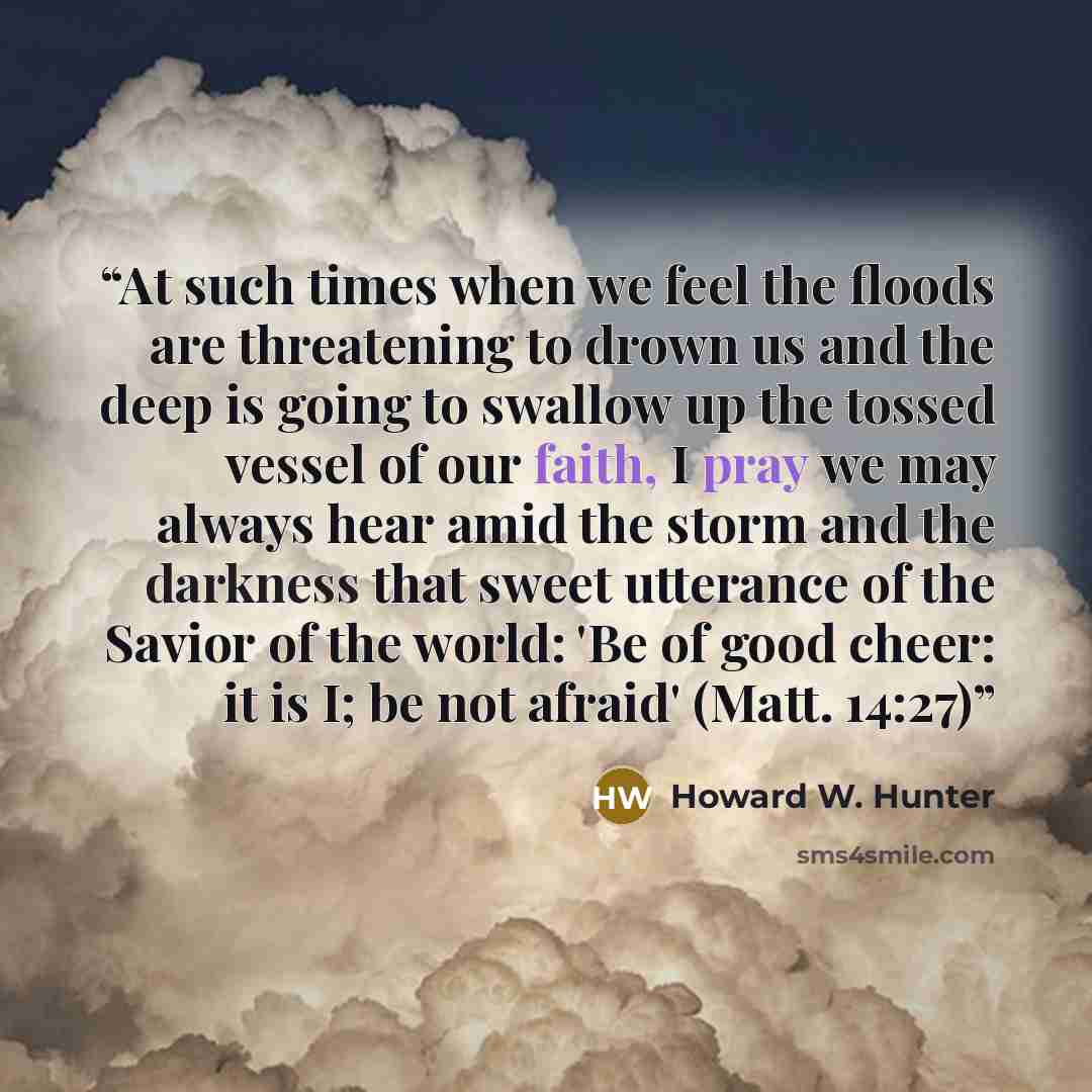 “At such times when we feel the floods are threatening to drown us and the deep is going to swallow up the tossed vessel of our faith, I pray we may always hear amid the storm and the darkness that sweet utterance of the Savior of the world: 'Be of good cheer: it is I; be not afraid' (Matt. 14:27)” quote by Howard W. Hunter
