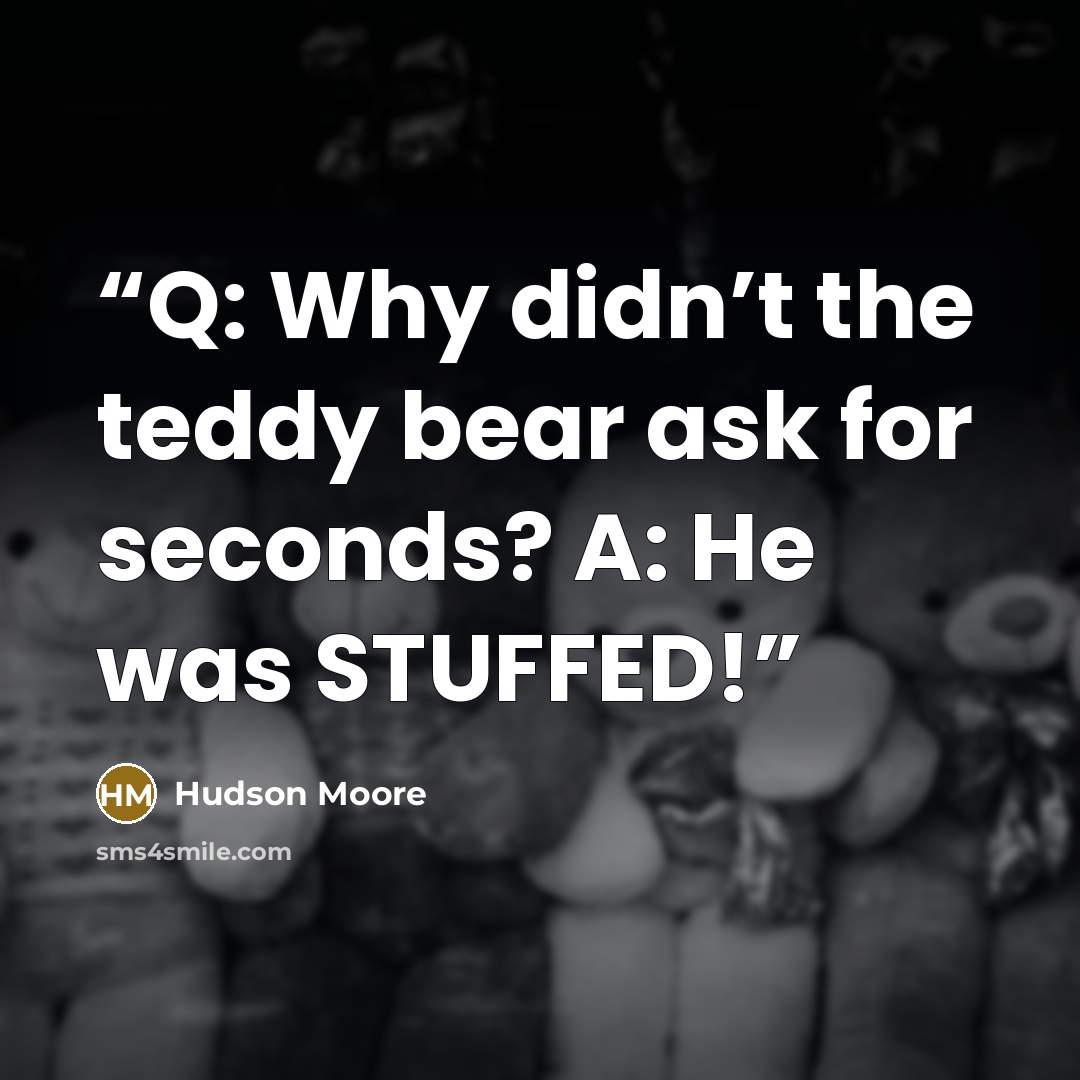 “Q: Why didn’t the teddy bear ask for seconds? A: He was STUFFED!” quote by Hudson Moore