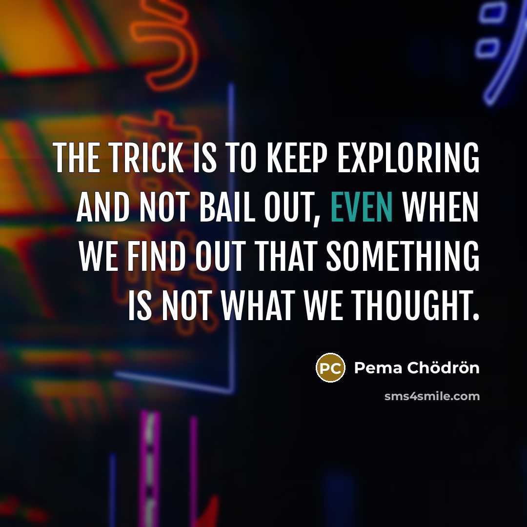 “The trick is to keep exploring and not bail out,…” quote by Pema Chodron