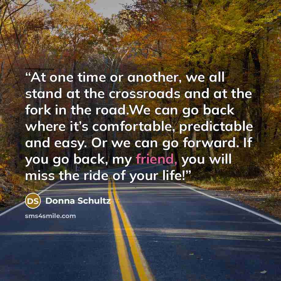 “At one time or another, we all stand at the crossroads and at the fork in the road.We can go back where it’s comfortable, predictable and easy. Or we can go forward. If you go back, my friend, you will miss the ride of your life!” quote by Donna Schultz