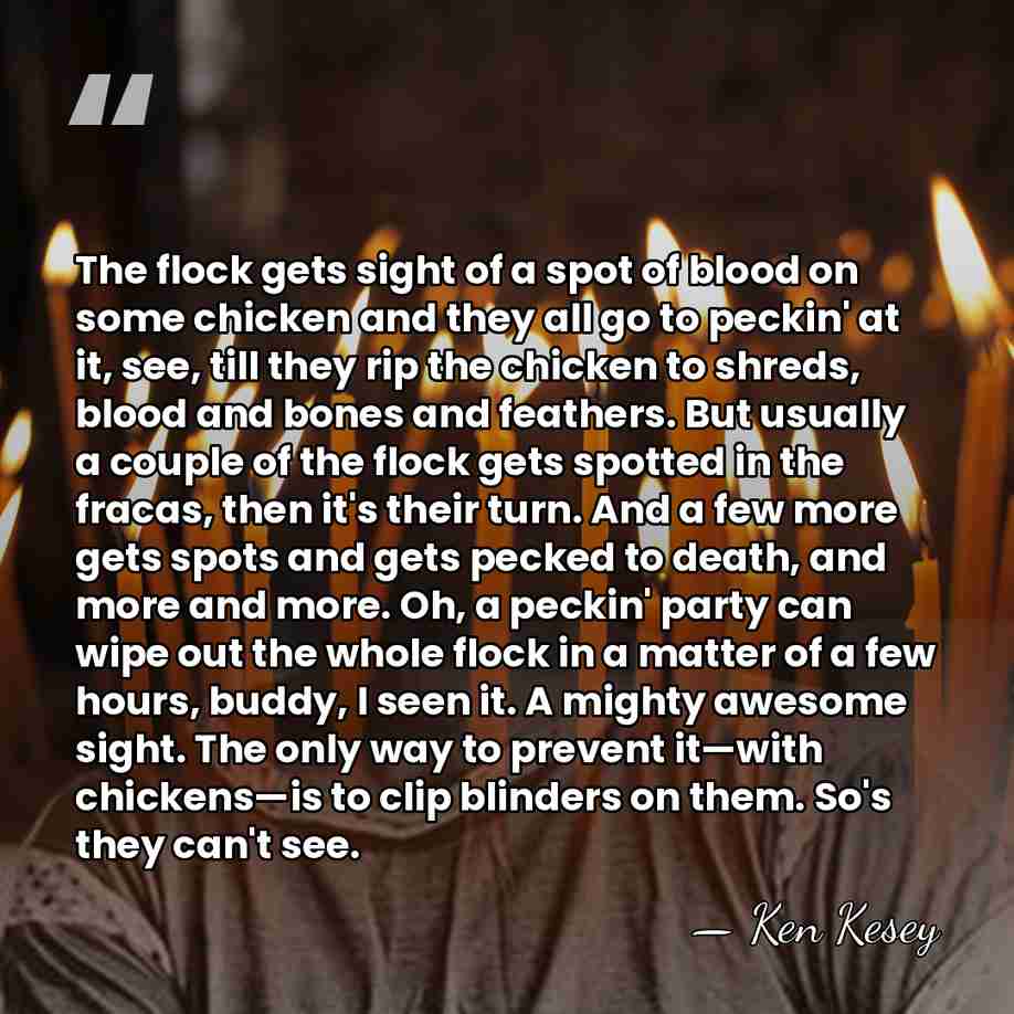 The flock gets sight of a spot of blood on some chicken&hellip; - Ken Kesey