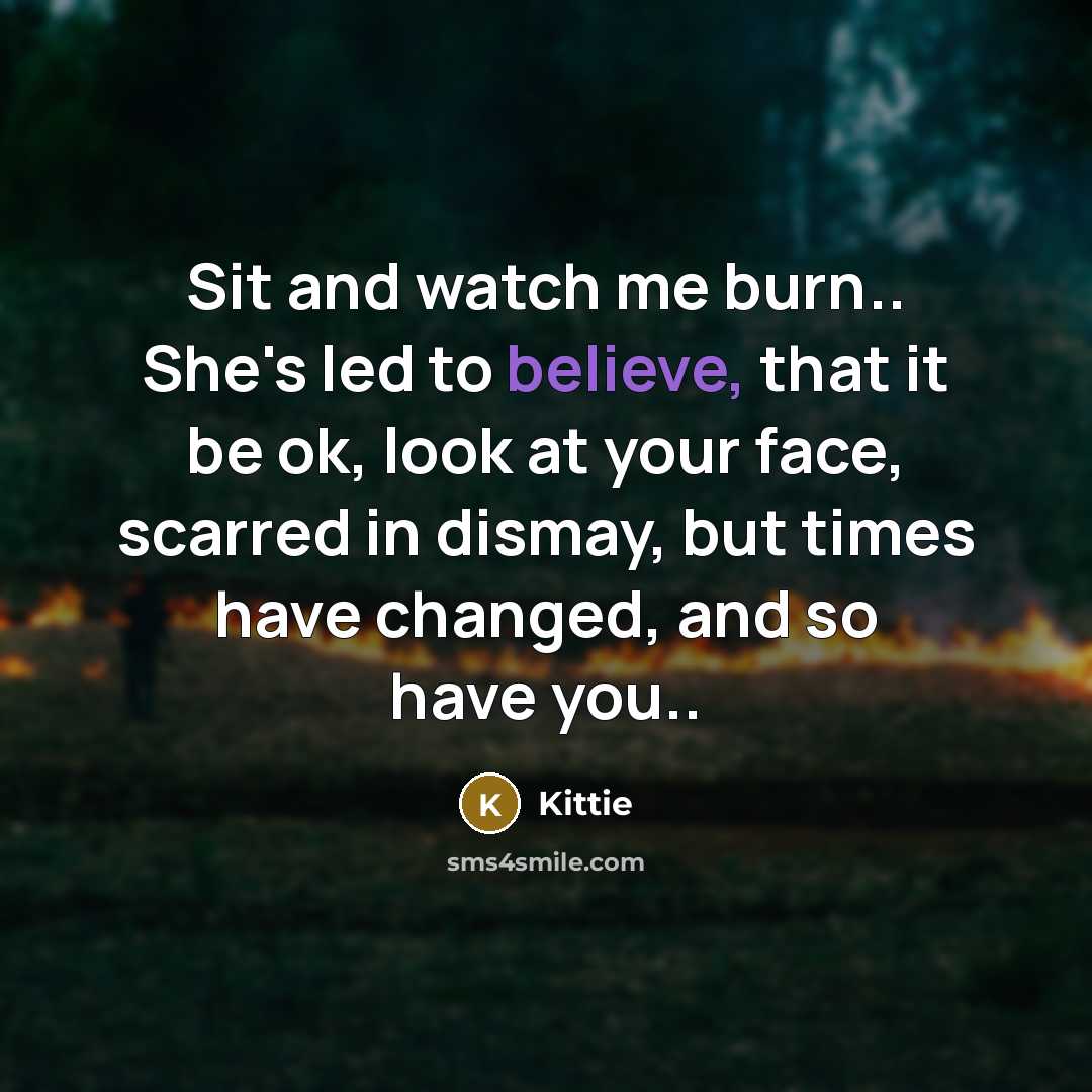 “Sit and watch me burn.. She's led to believe, that it be ok, look at your face, scarred in dismay, but times have changed, and so have you..” quote by Kittie