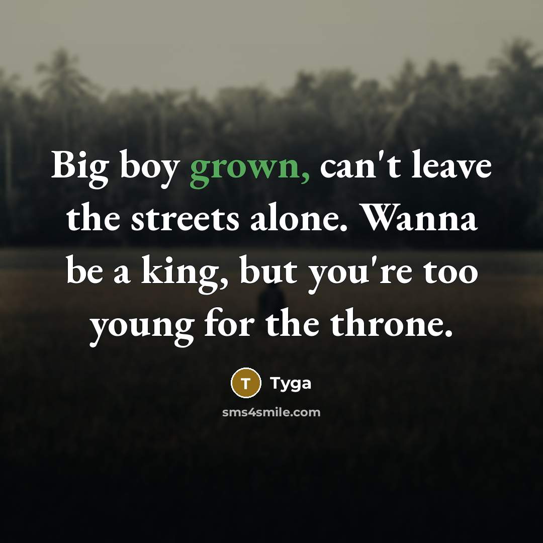 “Big boy grown, can't leave the streets alone. Wanna be a king, but you're too young for the throne.” quote by Tyga