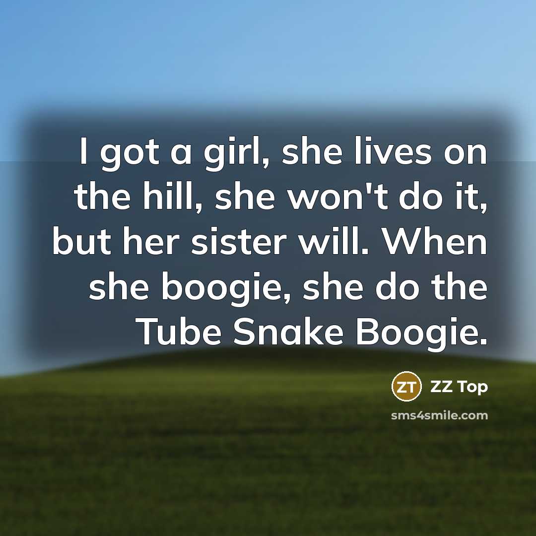 “I got a girl, she lives on the hill, she won't do it, but her sister will. When she boogie, she do the Tube Snake Boogie.” quote by ZZ Top