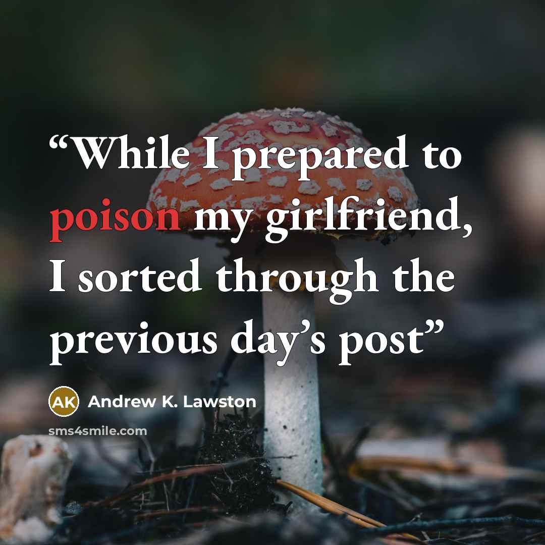 “While I prepared to poison my girlfriend, I sorted through the previous day’s post” quote by Andrew K. Lawston