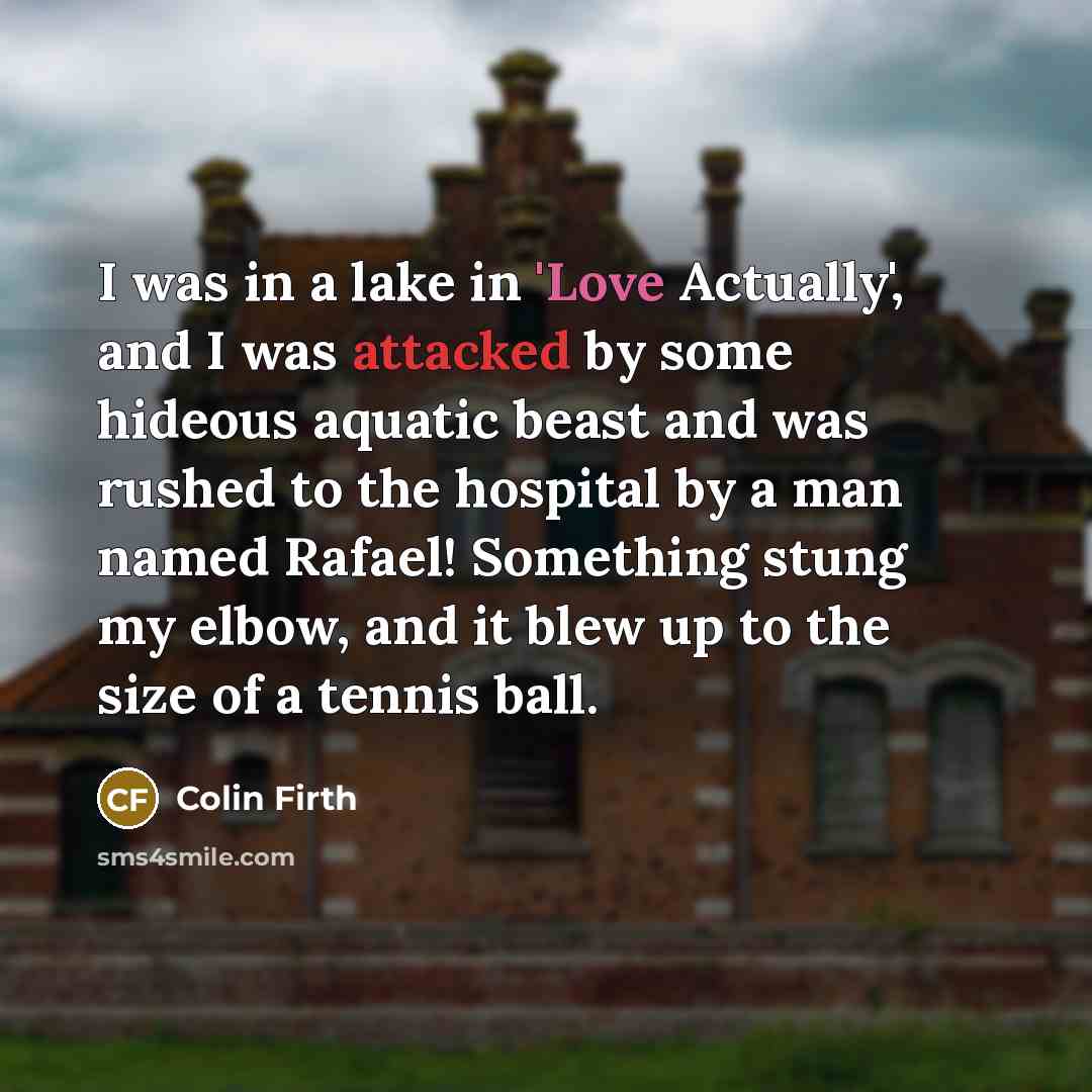 “I was in a lake in 'Love Actually', and I was attacked by some hideous aquatic beast and was rushed to the hospital by a man named Rafael! Something stung my elbow, and it blew up to the size of a tennis ball.” quote by Colin Firth
