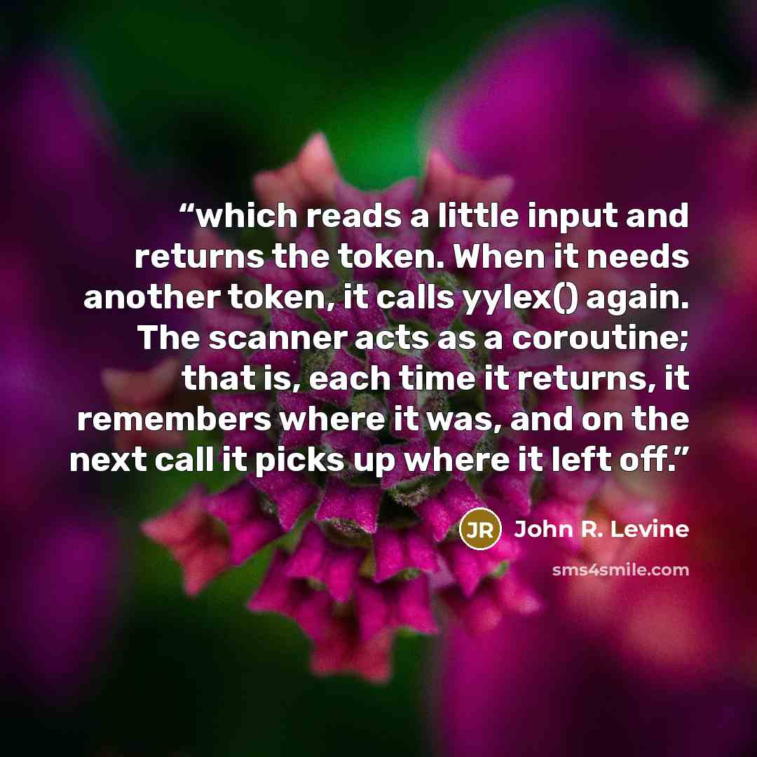 “which reads a little input and returns the token. When it needs another token, it calls yylex() again. The scanner acts as a coroutine; that is, each time it returns, it remembers where it was, and on the next call it picks up where it left off.” quote by John R. Levine