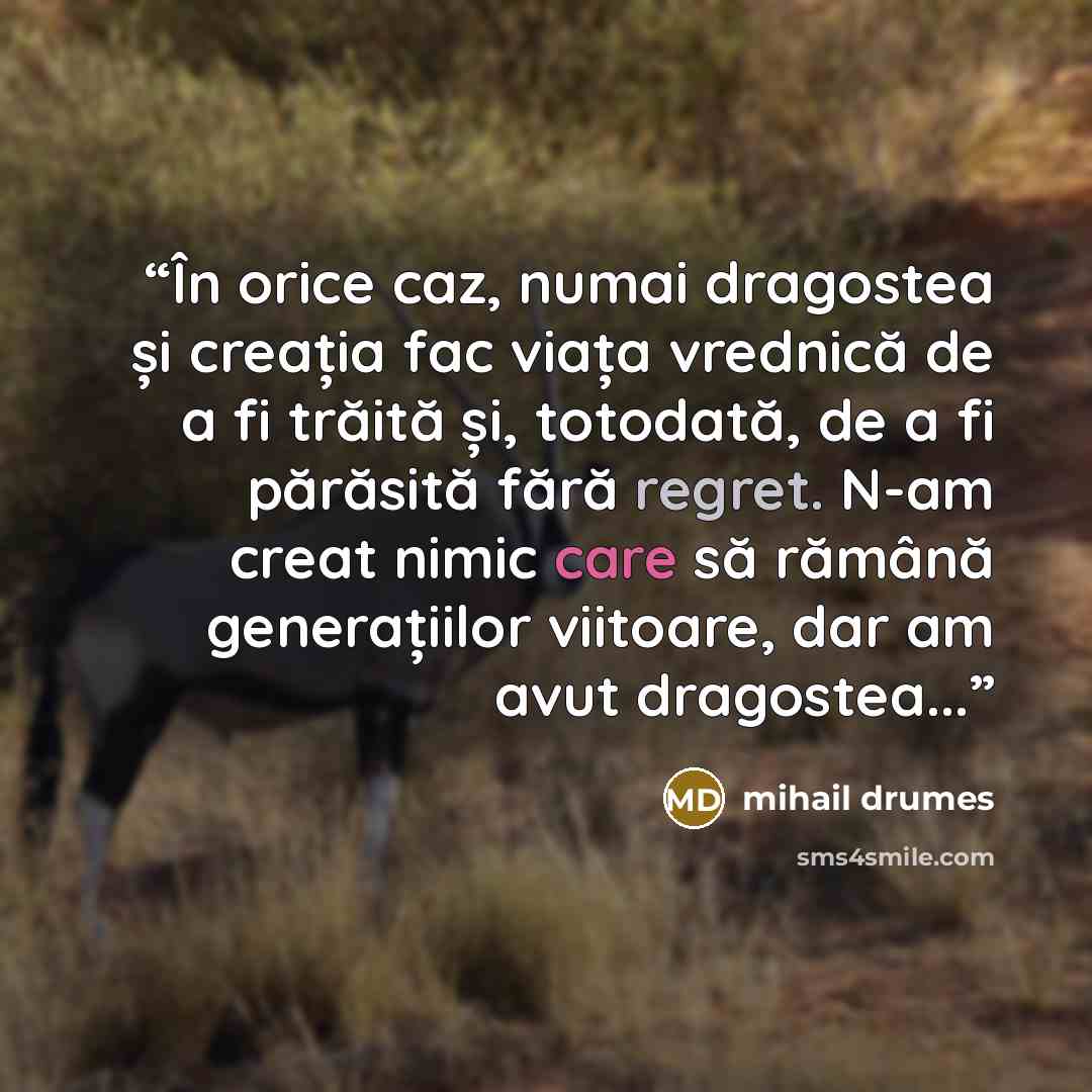 “În orice caz, numai dragostea și creația fac viața vrednică de a fi trăită și, totodată, de a fi părăsită fără regret. N-am creat nimic care să rămână generațiilor viitoare, dar am avut dragostea...” quote by Mihail Drumeş