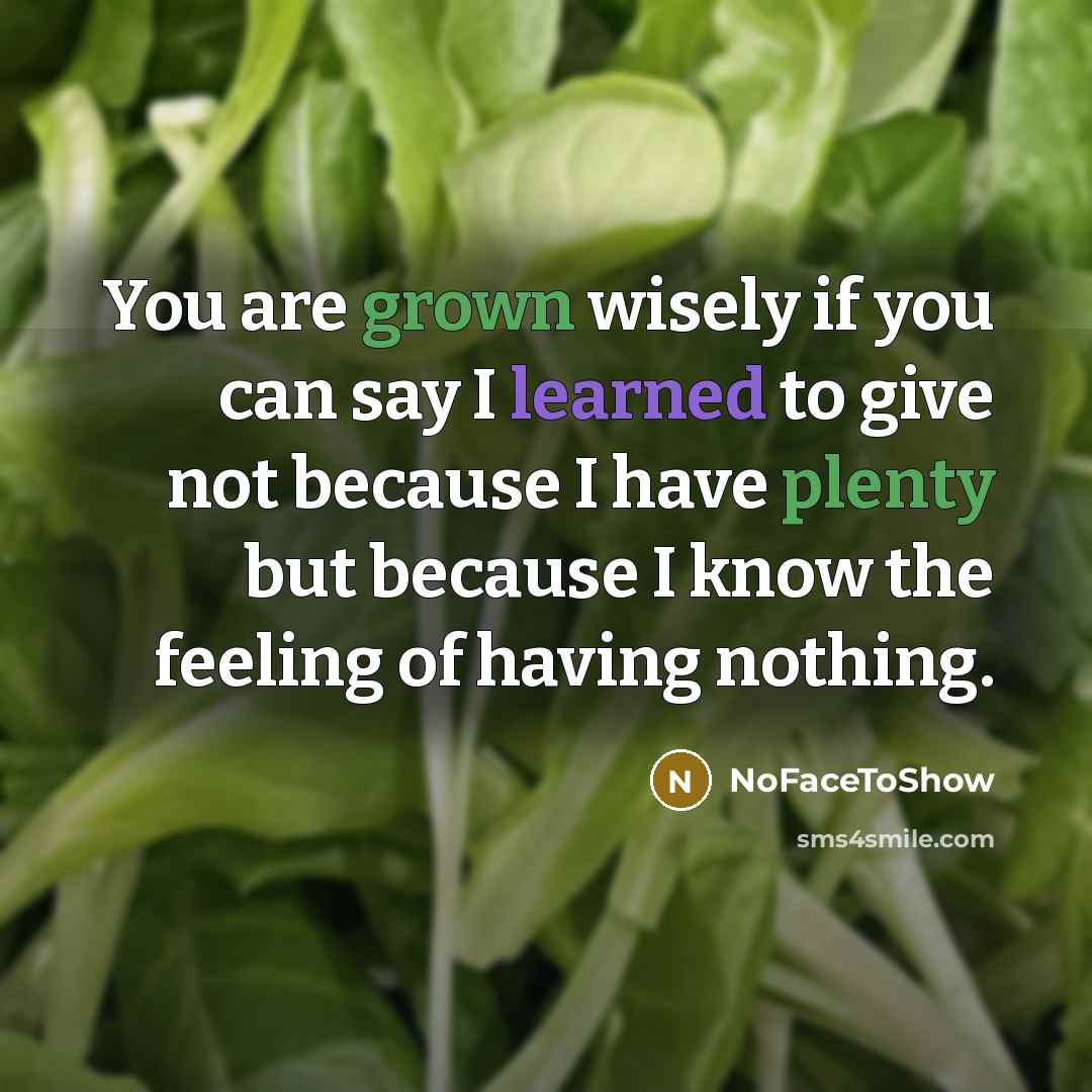 “You are grown wisely if you can say I learned to give not because I have plenty but because I know the feeling of having nothing.” quote by NoFaceToShow