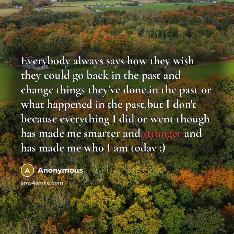“Everybody always says how they wish they could go back in the past and change things they've done in the past or what happened in the past,but I don't because everything I did or went though has made me smarter and stranger and has made me who I am today :)” quote by Anonymous