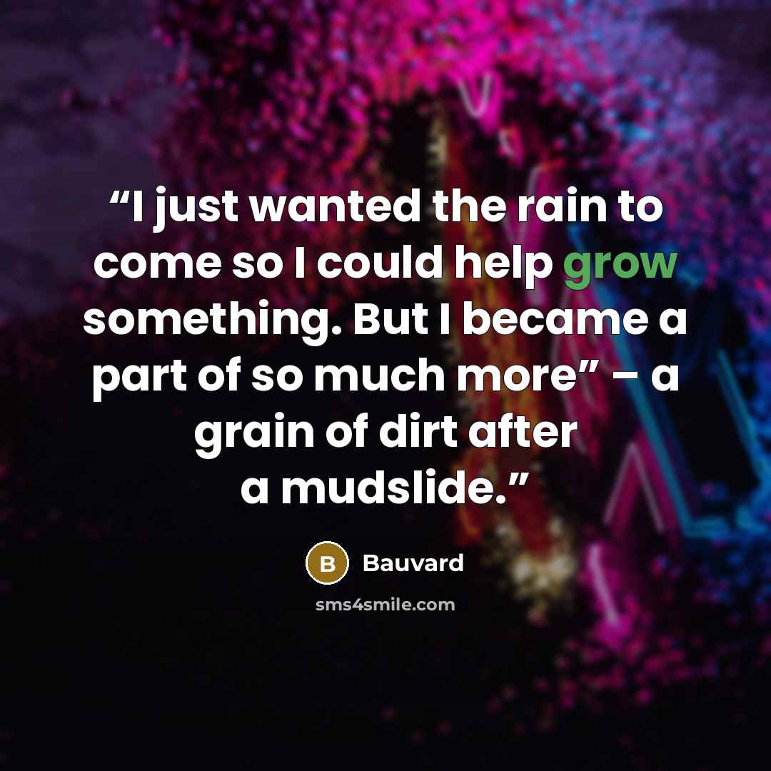 “I just wanted the rain to come so I could help grow something. But I became a part of so much more” – a grain of dirt after a mudslide.” quote by Bauvard
