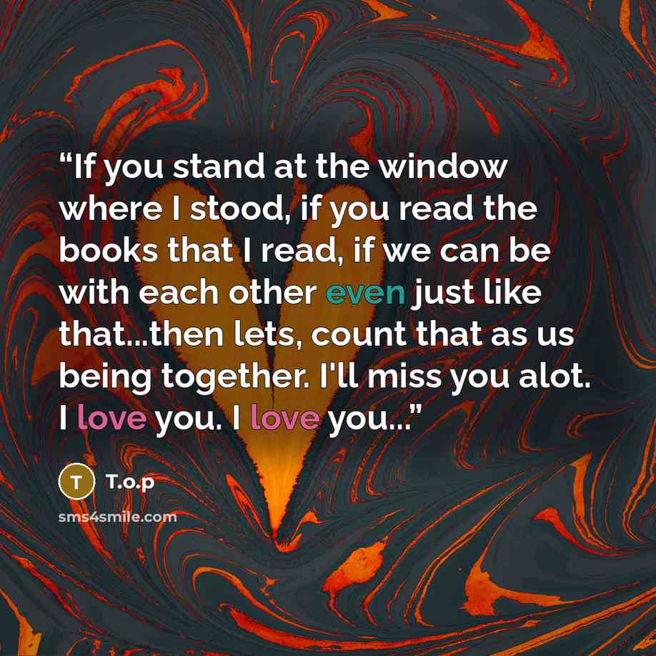 “If you stand at the window where I stood, if you read the books that I read, if we can be with each other even just like that...then lets, count that as us being together. I'll miss you alot. I love you. I love you...” quote by T.o.p